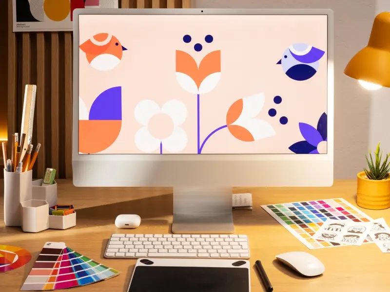 un ordinateur Imac avec un clavier, une tablette graphique et une palette de couleurs