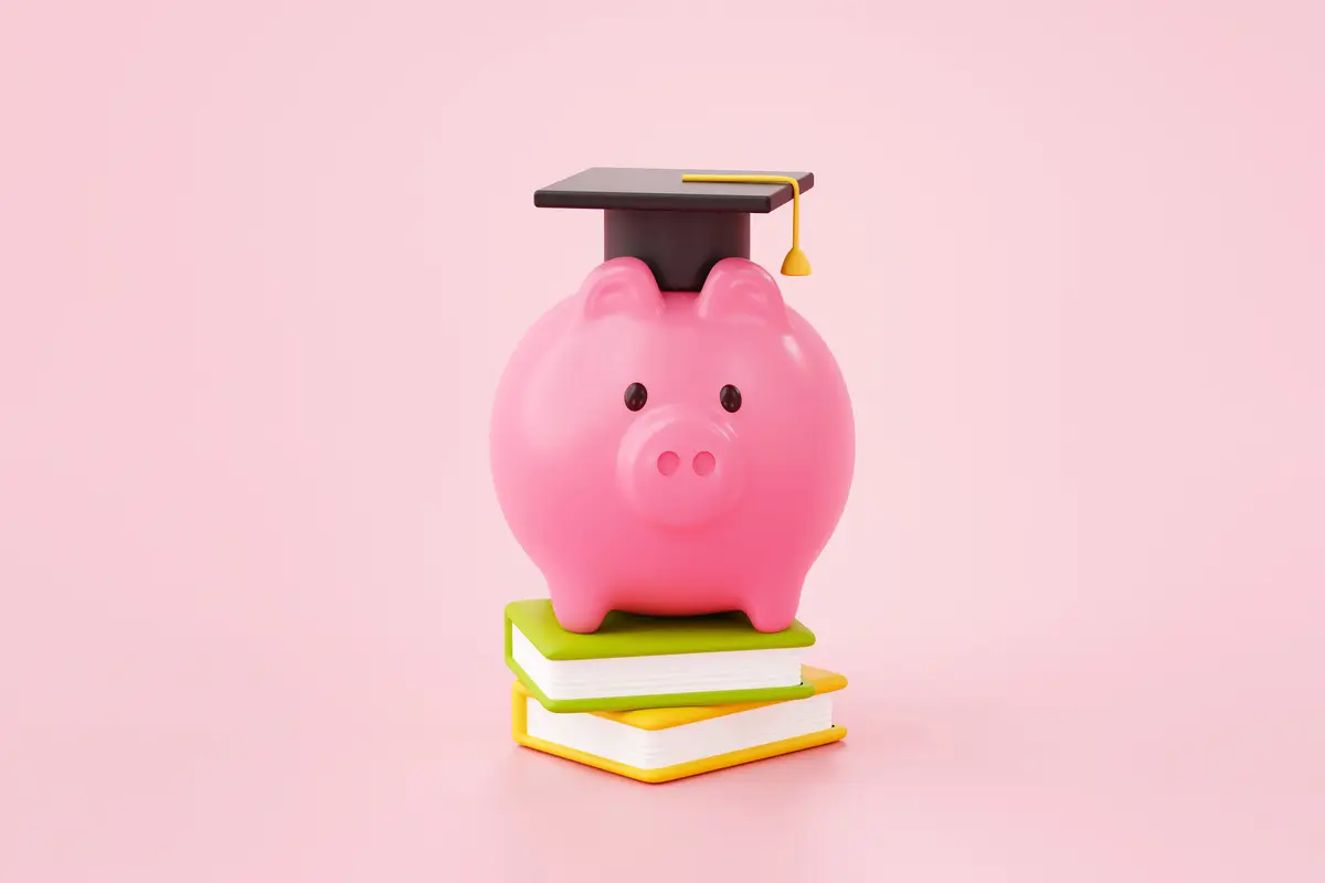 Piggy bank with Black Graduation Hat on book Saving money for education concept web banner background 3D illustration